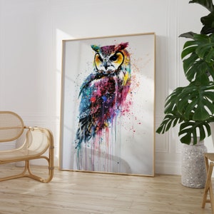 Watercolour Paint Splash Owl Print Poster Wall Art A1 A2 A3 A4 A5 A6 Maxi Home Decor Unframed Art Work Animals Wildlife Rainbow Birds