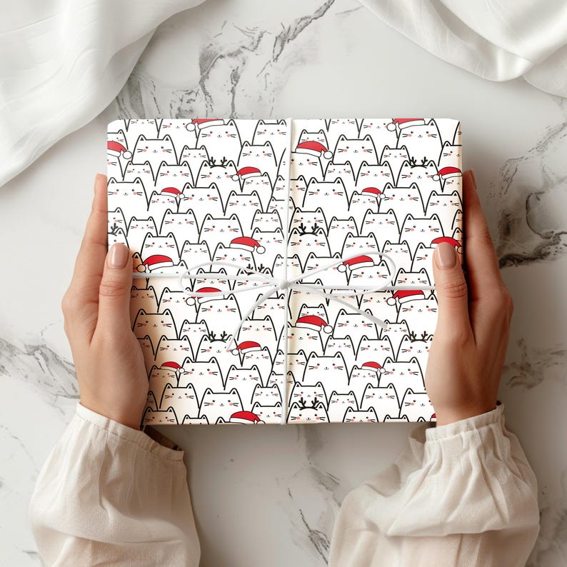 Christmas Cat Wrapping Paper | Cute Santa Hat Kitten Gift Wrap | Kawaii ...