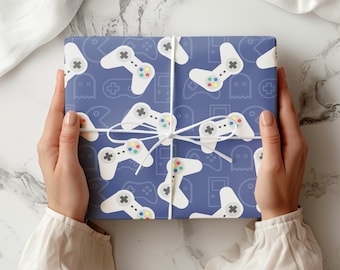 Videospiel-Geschenkpapier - Gamer-Geschenkverpackung mit Controllern und lustigem blauem Hintergrund, perfekt für Geburtstage und Partys