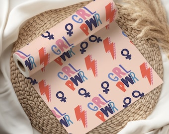 Girl Power Wrapping Paper – GRL PWR Feminist Gift Wrap with Lightning Bolts and Symbols, Fun Pink Party Paper