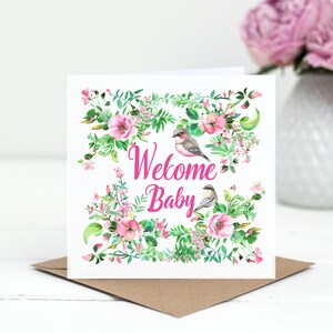 Welcome Baby Greetings Card - New Baby Cards - Typography Card Recycled Envelope Cardstock New Parents - Birds