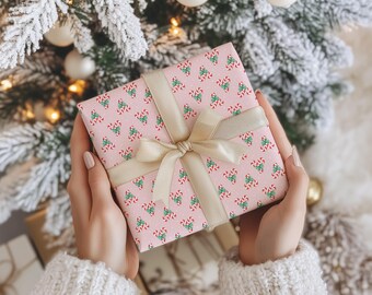 Pink Christmas Wrapping Paper with Candy Cane Holly Pattern – Festive Holiday Gift Wrap for Xmas Presents