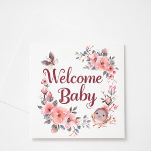 Welcome Baby Greetings Card - New Baby Cards - Typography Card Recycled Envelope Cardstock New Parents - Birds