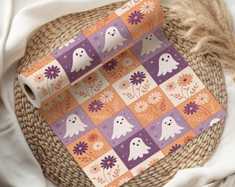 Halloween Wrapping Paper – Cute Ghost and Floral Patchwork Gift Wrap in Orange and Purple, Spooky Seasonal Gift Wrap