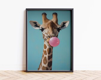 Giraffe Bubblegum Wall Art Print – Funny Animal Poster | Whimsical Safari Decor | Quirky Giraffe Gift | Bold Animal Artwork