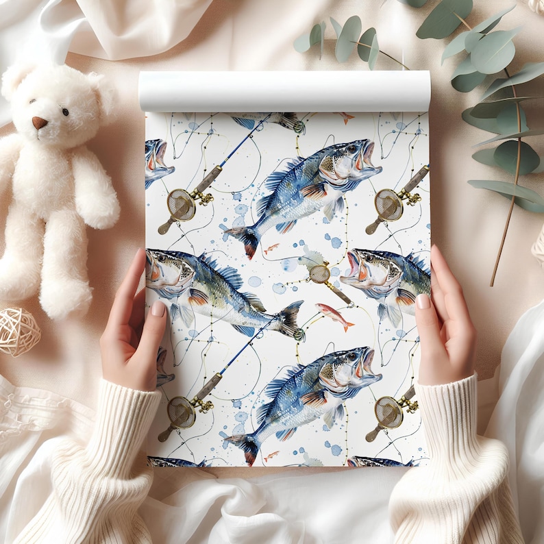 Papel de regalo de pesca: papel de regalo para lubinas y cañas para papá, pescadores, Día del Padre, cumpleaños, amantes de la naturaleza y regalos de Lake House. imagen 3
