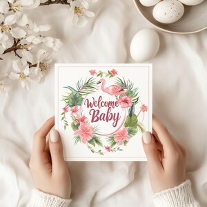 Welcome Baby Greetings Card - New Baby Cards - Typography Card Recycled Envelope Cardstock New Parents - Flamingos