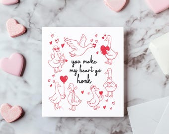 You Make My Heart Go Honk Card | Funny Goose Valentine Pun | Cute Red Goose Illustration Greeting | Unique Anniversary Love