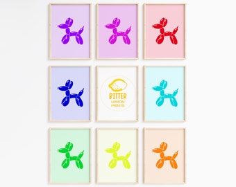 May include: Nine framed prints featuring balloon dog illustrations in various colors, including purple, pink, red, blue, turquoise, green, yellow, and orange. The prints are arranged in a grid pattern, with a white background.