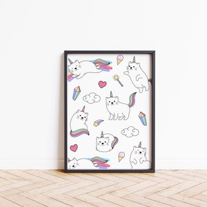 May include: A framed print featuring a white background with a repeating pattern of white cats with rainbow unicorn horns and tails. The cats are in various poses, including sleeping, sitting, and standing. The print also includes other whimsical elements like hearts, stars, clouds, and ice cream cones.