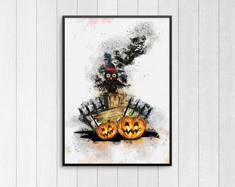 Könnte beinhalten: Ein Aquarellbild eines Eulen, das einen Hexenhut trägt und auf einem Holzpfosten sitzt. Im Vordergrund befinden sich zwei Jack-o'-Lanterns vor einem schwarz-weißen Aquarellhintergrund.