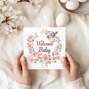 Welcome Baby Greetings Card - New Baby Cards - Typography Card Recycled Envelope Cardstock New Parents - Birds