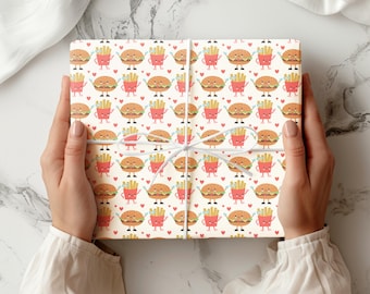 Niedliches Burger und Pommes Geschenkpapier, Kawaii Fast Food Geschenkpapier mit Comicfiguren, lustiges Geschenkpapier für Geburtstagsfeiern