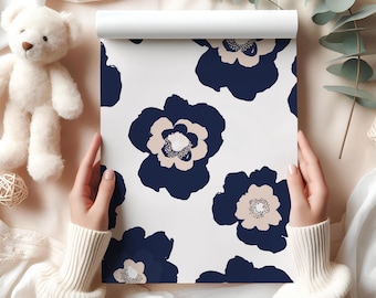 Floral Wrapping Paper – Elegant Gift Wrap with Large Navy and Beige Flowers, Perfect for Birthdays, Weddings and Special Occasions