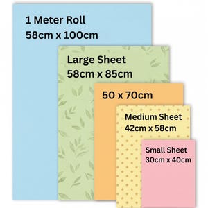 May include: A collection of five rectangular sheets and rolls of paper in varying sizes and colors. The items include a light blue 58cm x 100cm roll, a green leaf-patterned 58cm x 85cm sheet, a solid orange 50cm x 70cm sheet, a yellow star-patterned 42cm x 58cm sheet, and a solid pink 30cm x 40cm sheet.