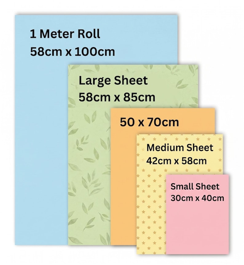 May include: A collection of five rectangular sheets and rolls of paper in varying sizes and colors. The items include a light blue 58cm x 100cm roll, a green leaf-patterned 58cm x 85cm sheet, a solid orange 50cm x 70cm sheet, a yellow star-patterned 42cm x 58cm sheet, and a solid pink 30cm x 40cm sheet.
