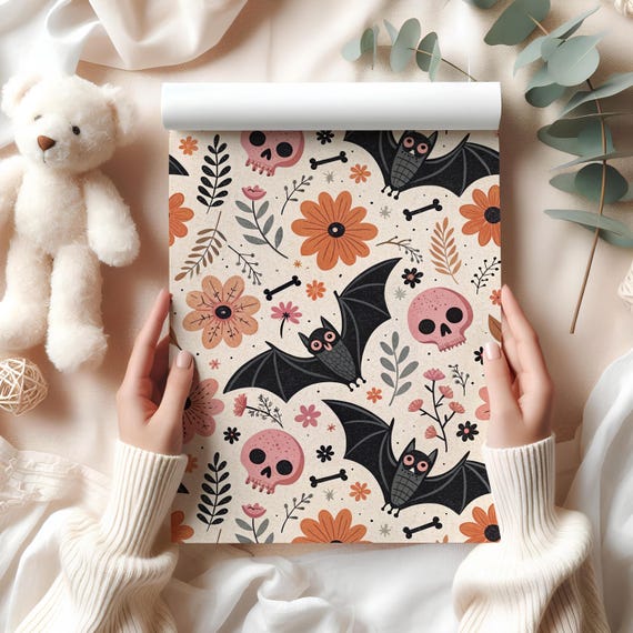 Halloween Wrapping Paper – Spooky Gift Wrap with Bats, Skulls and Floral Design, Perfect for Gothic Birthday or Party Gifts