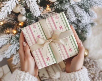 Pink & Green Striped Christmas Wrapping Paper With Baubles, Snowflakes Festive Bows Holiday Gift Wrap