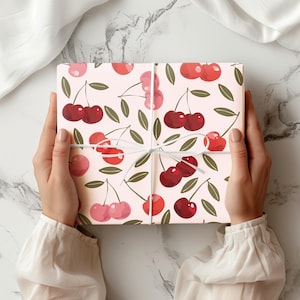 Boho Cherry Wrapping Paper | Pink Red Botanical Fruit Gift Wrap, Cream Background