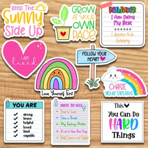 Paquete de 10 pegatinas motivacionales: pegatinas de afirmaciones positivas, pegatinas arcoíris de autocuidado, paquete de salud mental inspirador y amor propio.