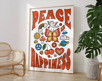 Retro Peace & Happiness Print Poster Wall Art A1 A2 A3 A4 A5 A6 Maxi Home Decor Unframed Art Work Vintage Colourful Groovy