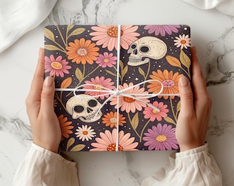 Halloween Wrapping Paper – Gothic Skull and Floral Gift Wrap with Bright Daisies on Black Background, Spooky Elegant Gift Wrap