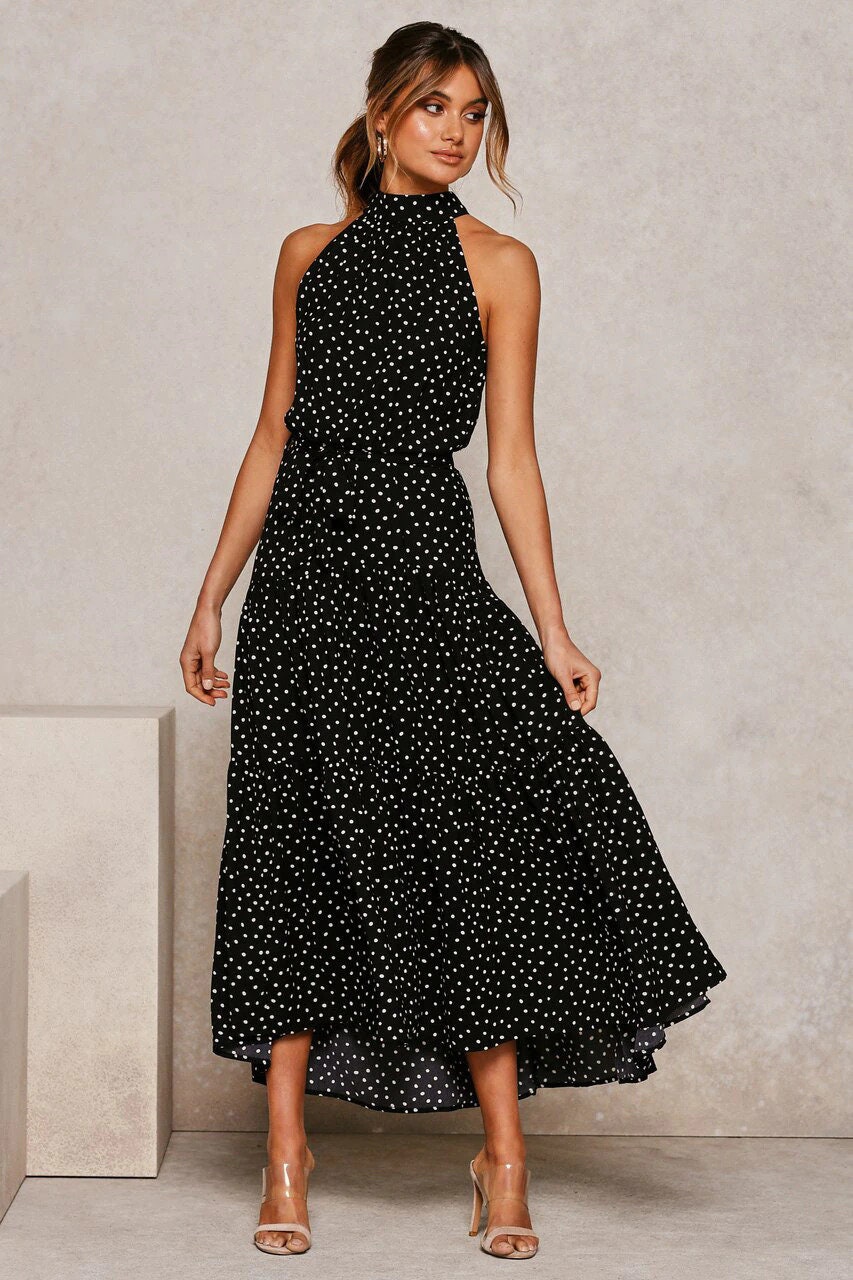 Long Vintage Summer Dress With Polka Dots Sleeveless Maxi - Etsy