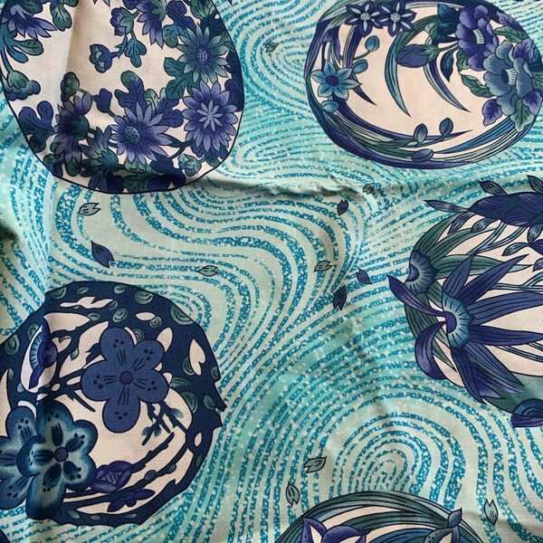 Rare Vintage Alexander Henry “ Kimono” Japanese Blue Floral Cotton Fabric 1/2 Yd