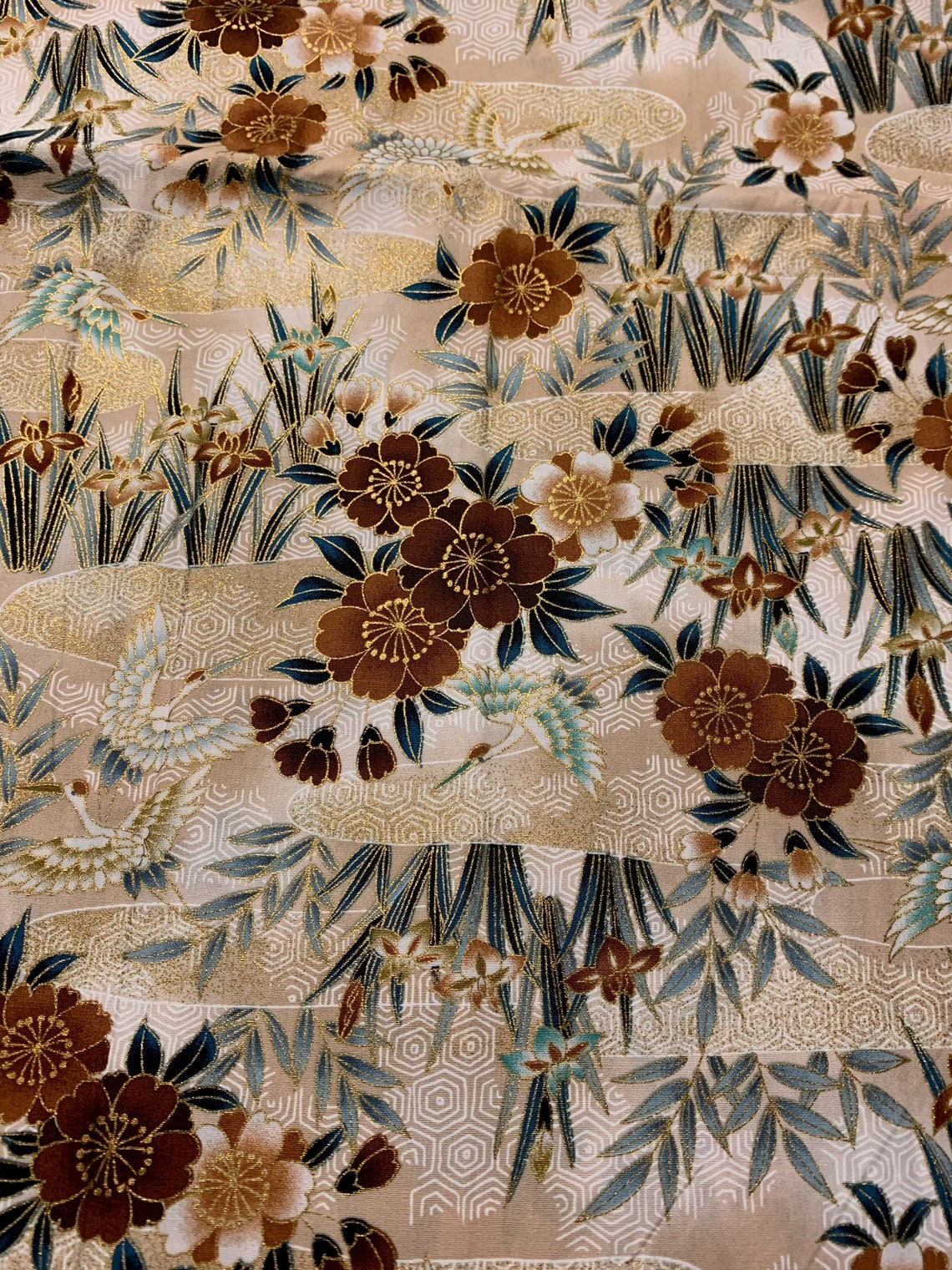 1/2 yd Kona Bay Metallic Asian Flowers Cranes Cotton Fabric | Etsy