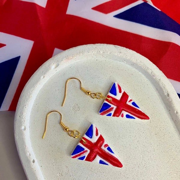 Hand painted Union Jack earrings, polymer clay coronation British flag earrings, Kings coronation celebration accessories