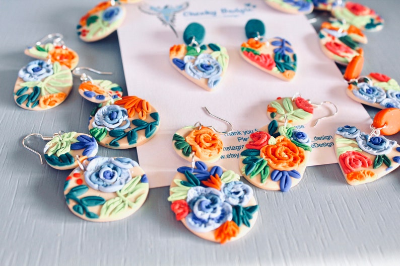 blue roses flower earrings clay earrings Roses Watercolour rose clay earrings multicoloured summer florals earrings