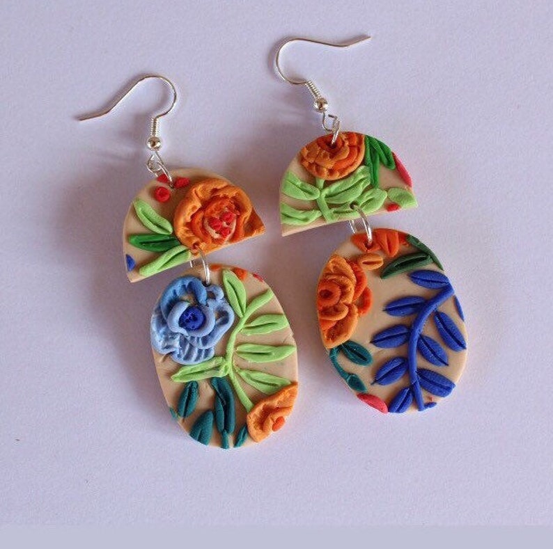 blue roses flower earrings clay earrings Roses Watercolour rose clay earrings multicoloured summer florals earrings