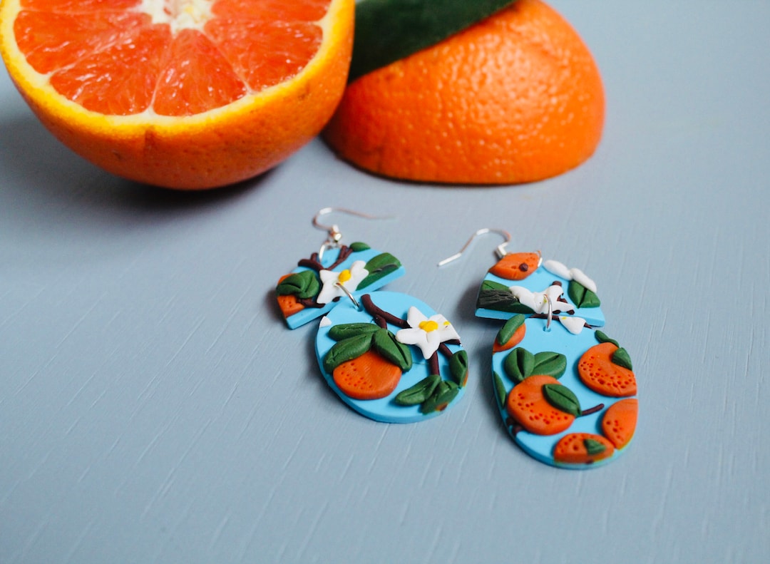 Orange earrings, orange fruit clay earrings, fruit earrings, oranges