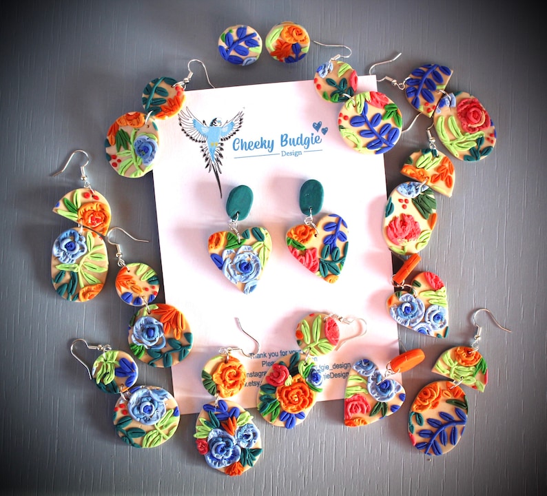 blue roses flower earrings clay earrings Roses Watercolour rose clay earrings multicoloured summer florals earrings