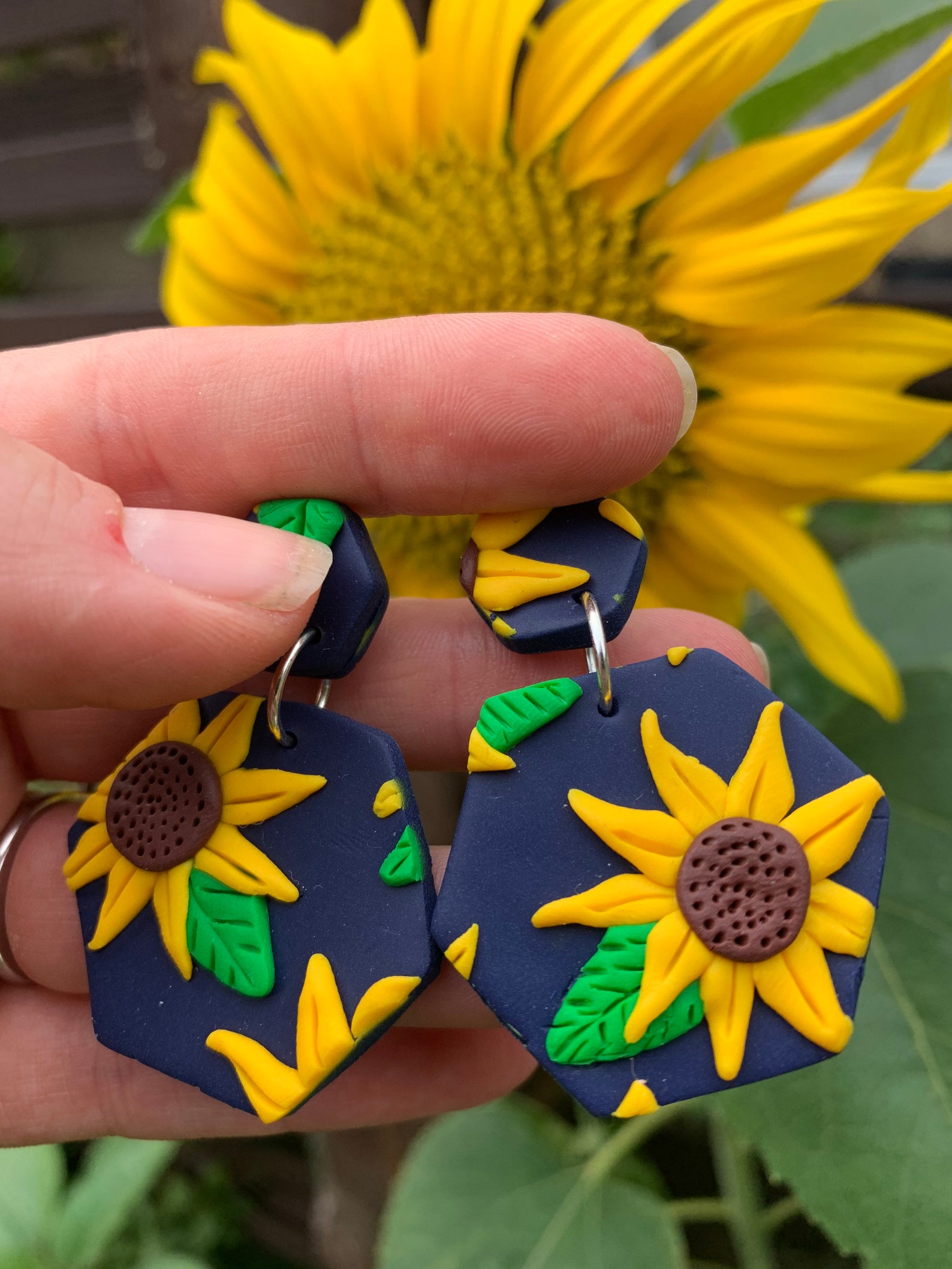 Sunflower Clay Earrings Navy and Yellow Earrings Sunflower Etsy UK