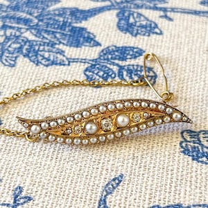 Antique 15k Gold Brooch: Victorian Wild Pearl & Diamond Pin (UK 1890s)