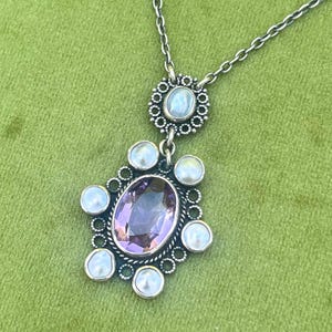 Victorian Amethyst & Blister Pearl Silver Pendant Necklace - 1880s UK Antique