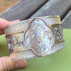 Antique Victorian Sterling Silver Bangle: Rose & Yellow Gold Gilded Repoussé, 1893 UK