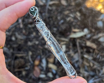 Natural Aquamarine & Moldavite Silver Pendant (12x80 mm) unique aquamarine w. white rutile needles (handmade gift)