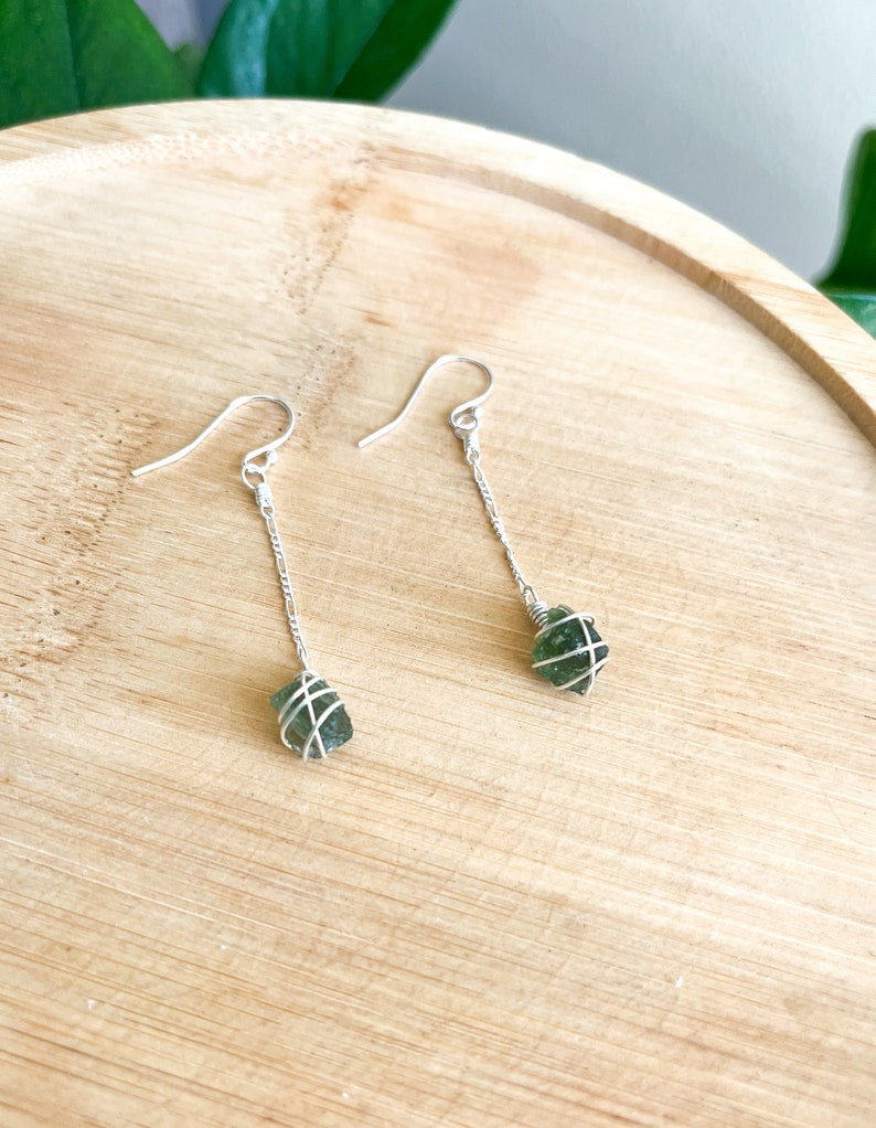 Genuine Moldavite Silver Handmade Earrings Dangle