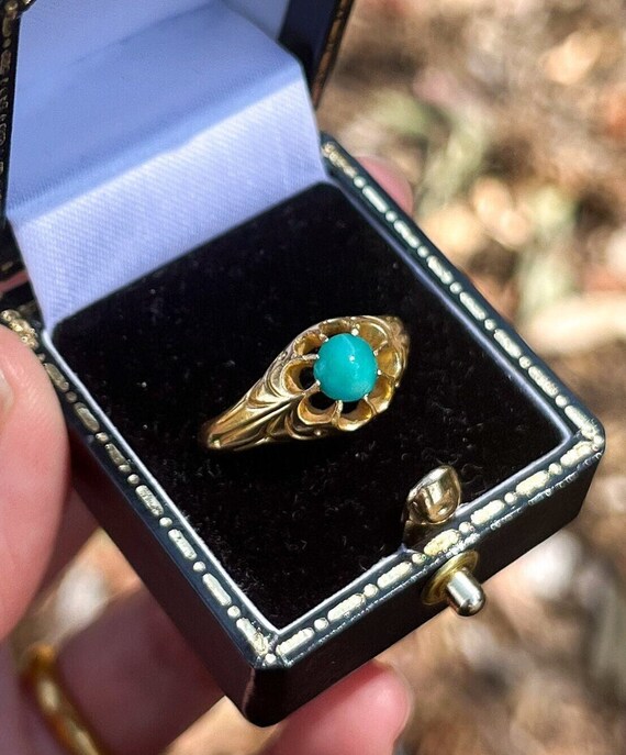 Antique Victorian Turquoise 18k Gold Belcher Ring… - image 2