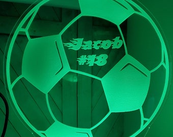 Soccer Ball Acrylic Light Up - Personalized With Your Name and Player Number - Great Night-Light Color Changing Comes With Stand Cord Remote