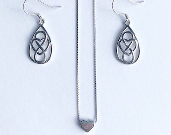 Dainty Silver Heart Necklace and Infinity dangle Earrings | Christmas Gift for Her | Gift packaged