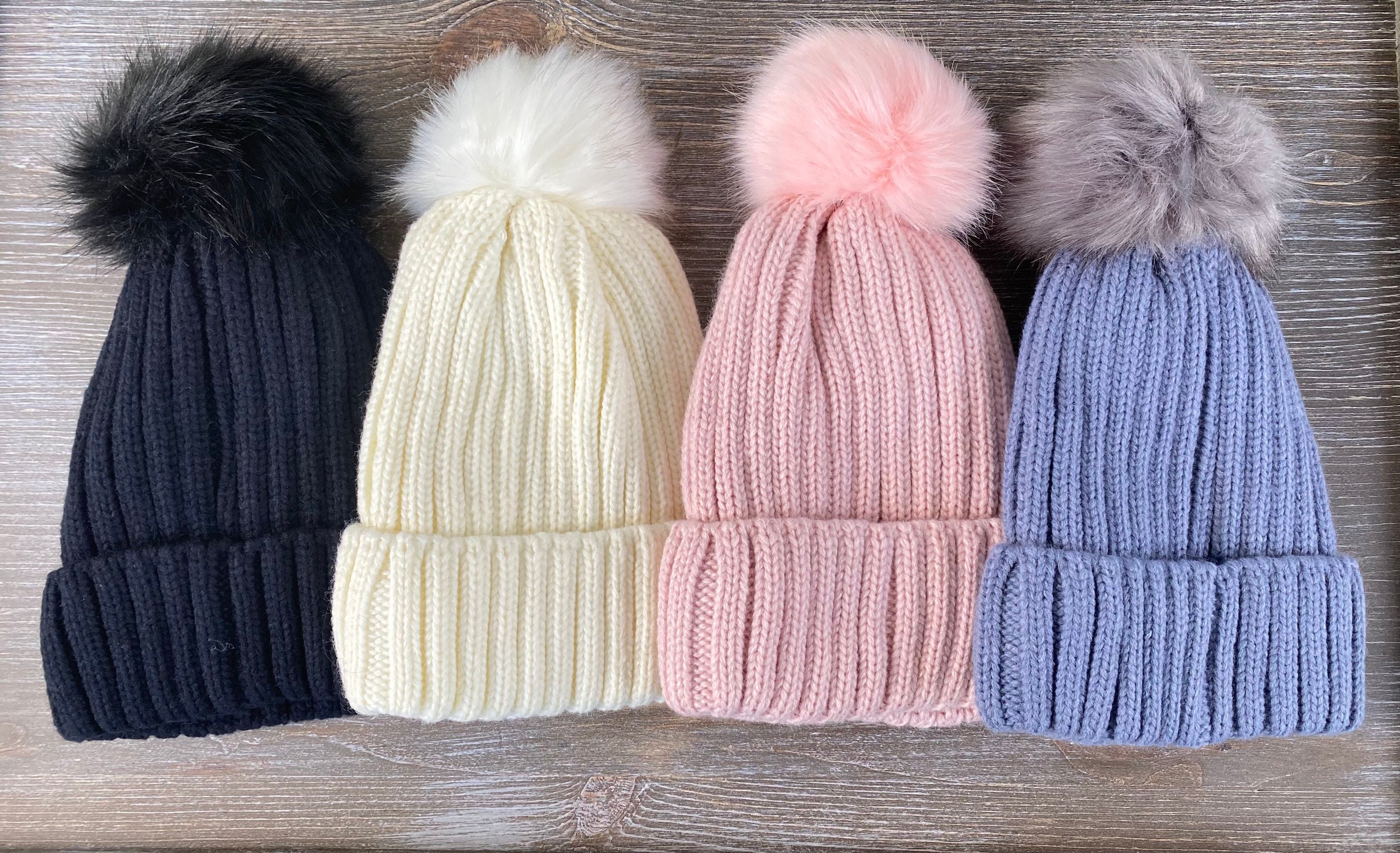 4 Pcs Women\'s Ribbed Knit Hat with Brim Pom Pom Brim Beanie Hats Rib Knit Fur Pom Hat, Toffee – SpearmintLOVE main image 3