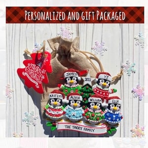 May include: A personalized Christmas ornament featuring a family of penguins, each with a name on their hat. The ornament includes a Christmas tree and is packaged in a burlap bag with a red tree-shaped tag that says "Merry Christmas". The text "The Tarry Family" is on a banner.
