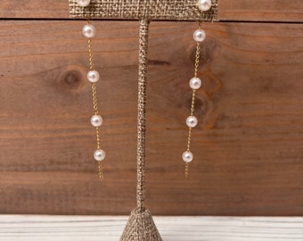 Prom Pearl Earrings | Wedding Pearls | Pearl Dangle Earrings | Long Pearl Earrings | Bridesmaids Earrings | Long Gold Earrings