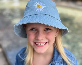 Girl Bucket Hat | Denim Daisy | Flower | Fisherman Hat | Beach Hat | Sun Hat | Summer Accessory | Age 4-9