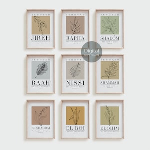 Set of 9 Hebrew Names of God | Jehovah Jireh | Rapha | Shalom | Raah | Nissi | Shammah | El Shaddai | El Roi | Elohim | Wall Art