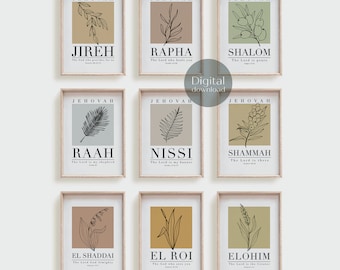 Set of 9 Hebrew Names of God | Jehovah Jireh | Rapha | Shalom | Raah | Nissi | Shammah | El Shaddai | El Roi | Elohim | Wall Art