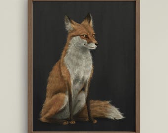 Bold Fox Print, Red Fox on Black Background, Giclée Fine Art